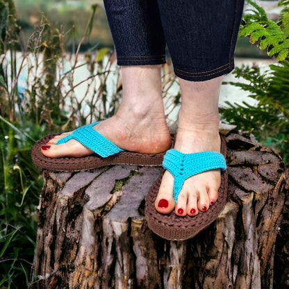 Turquoise Sandals Slip On Beach Slippers - Custom Crochet Handmade Flip Flops Pool Slipper