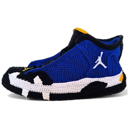 Jordan 14 Laney - Handmade Crochet Slippers - Cozy Blue and Black Knitted Sneakers