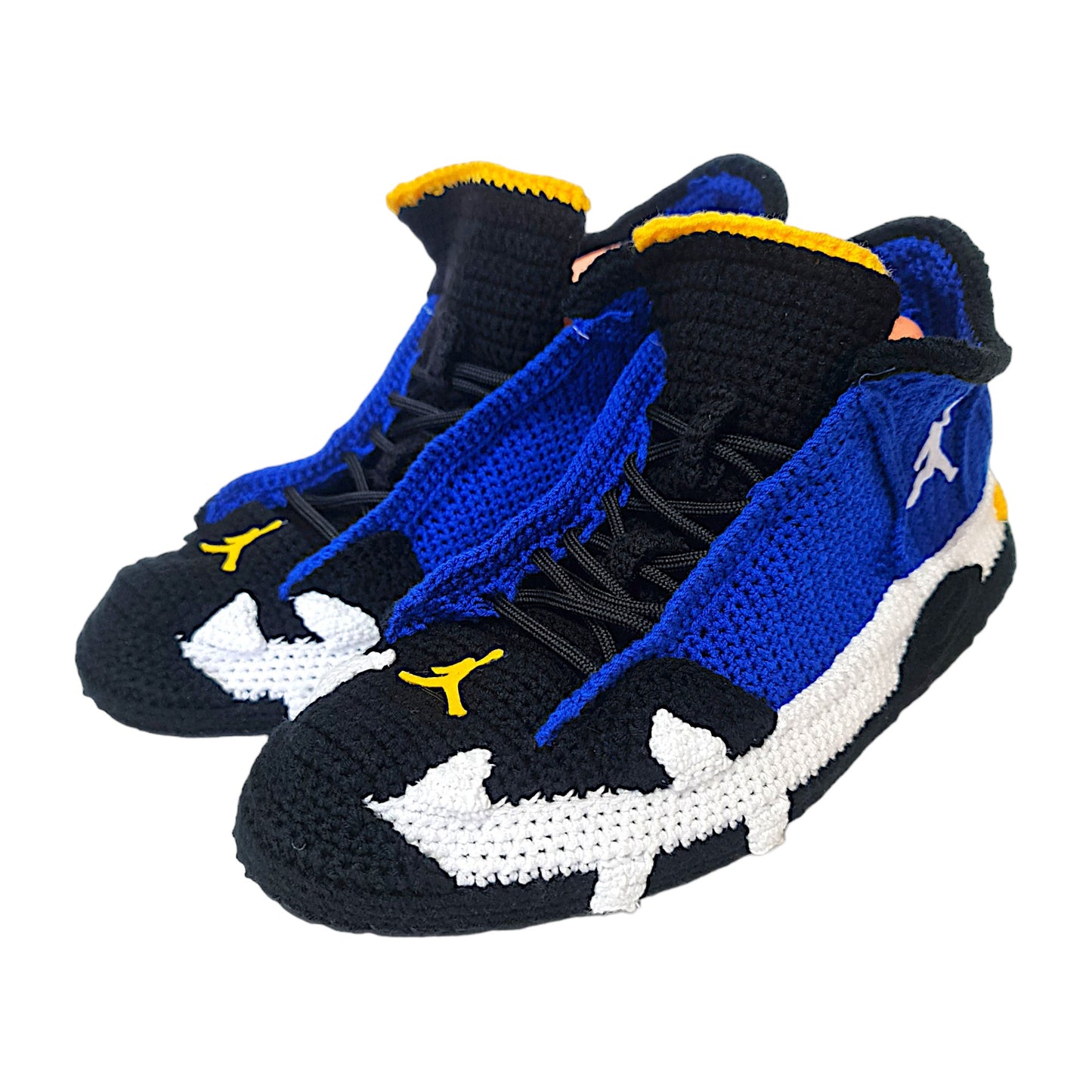 Jordan 14 Laney - Handmade Crochet Slippers - Cozy Blue and Black Knitted Sneakers