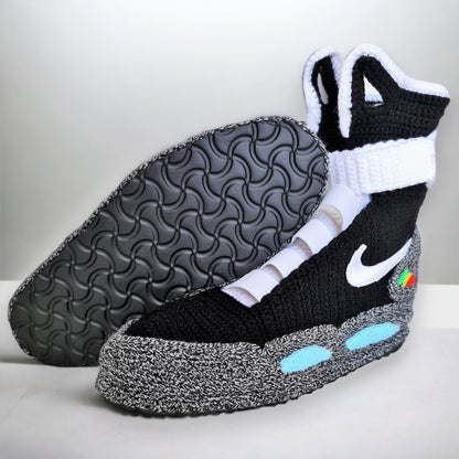 Black Air Mag Sneakers Slippers, Back to the Future Shoes, Marty McFly Sneaker, Crochet Knitted Plush Booties, Custom Cosplay BTTF Shoes