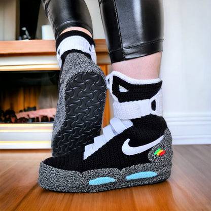 Black Air Mag Sneakers Slippers, Back to the Future Shoes, Marty McFly Sneaker, Crochet Knitted Plush Booties, Custom Cosplay BTTF Shoes