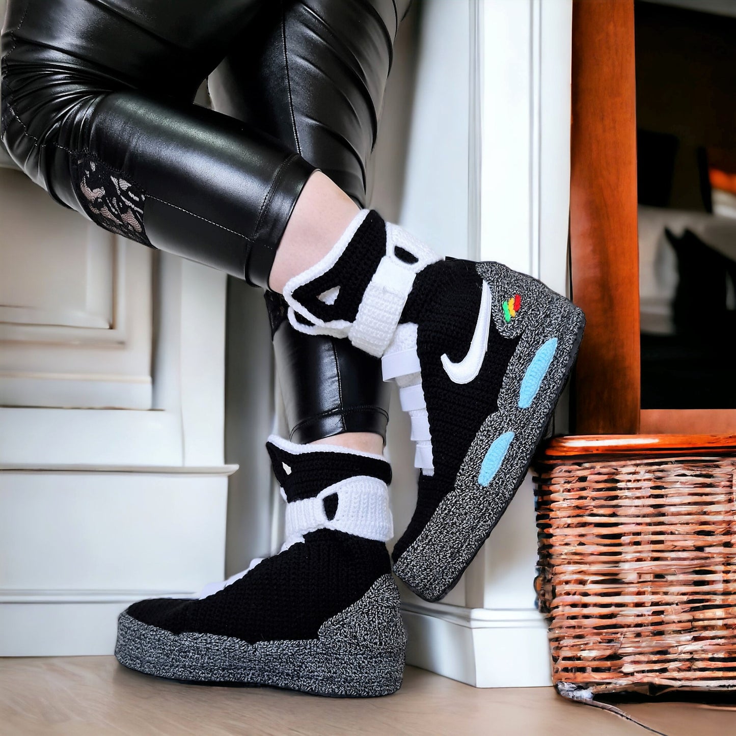 Black Air Mag Sneakers Slippers, Back to the Future Shoes, Marty McFly Sneaker, Crochet Knitted Plush Booties, Custom Cosplay BTTF Shoes