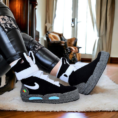 Black Air Mag Sneakers Slippers, Back to the Future Shoes, Marty McFly Sneaker, Crochet Knitted Plush Booties, Custom Cosplay BTTF Shoes