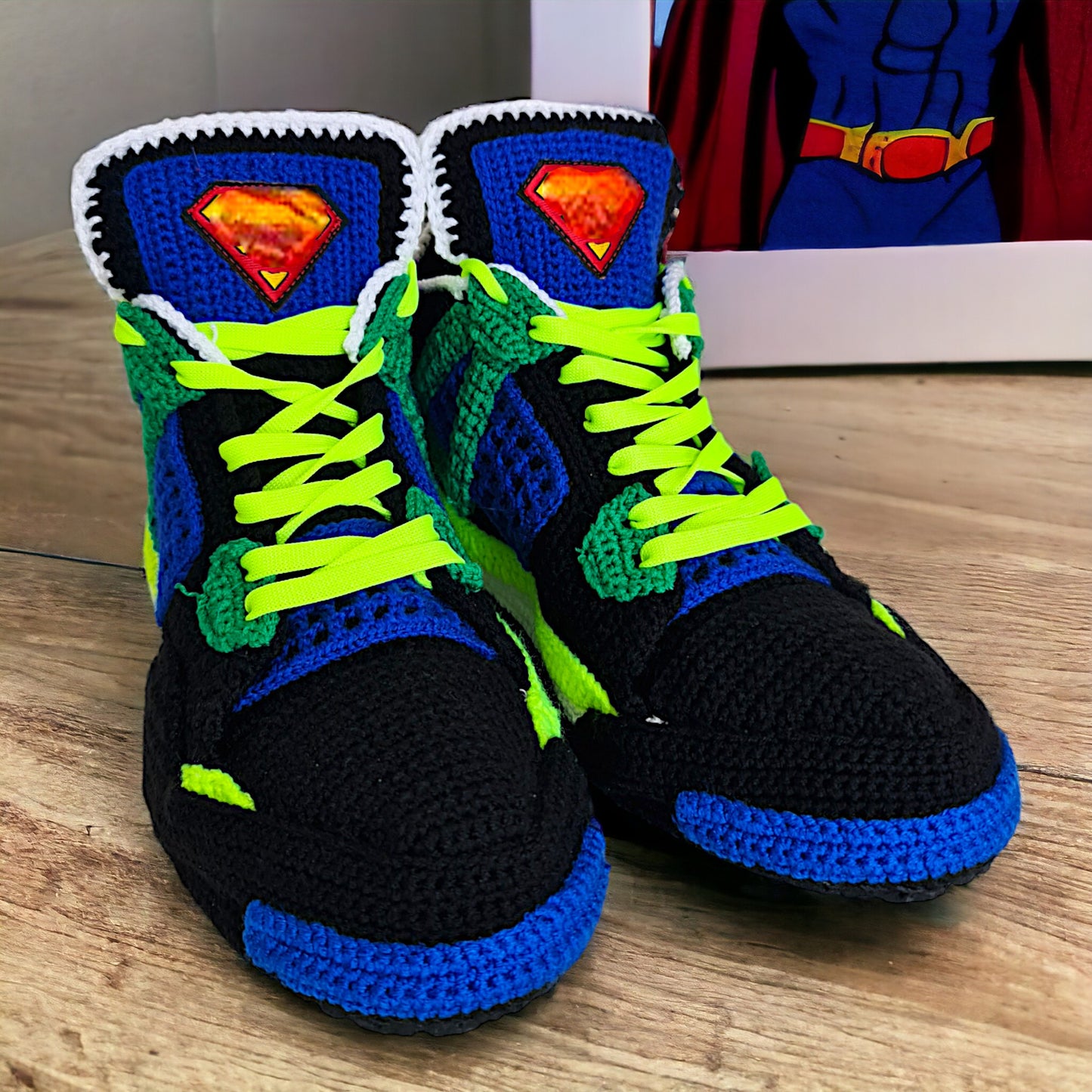 Superman Jordan 4 Crochet Sneaker Slippers | Colorway Shoes | Sneakerhead Gift | Custom Knitted Sneakers | Custom Rare Cosplay Kicks