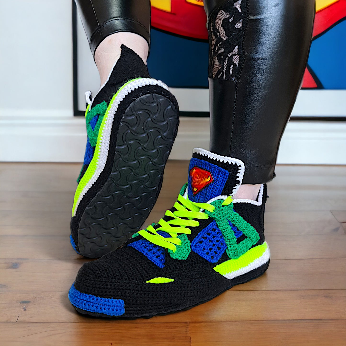 Superman Jordan 4 Crochet Sneaker Slippers | Colorway Shoes | Sneakerhead Gift | Custom Knitted Sneakers | Custom Rare Cosplay Kicks