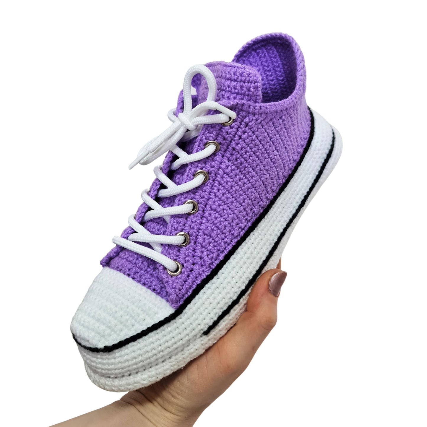 Handmade Crochet Purple Cotton House Shoes That Look Like Sneakers, Low Top Custom Plush Unisex Knit Shoes, Fluffy Cute Cozy Slip On Booties