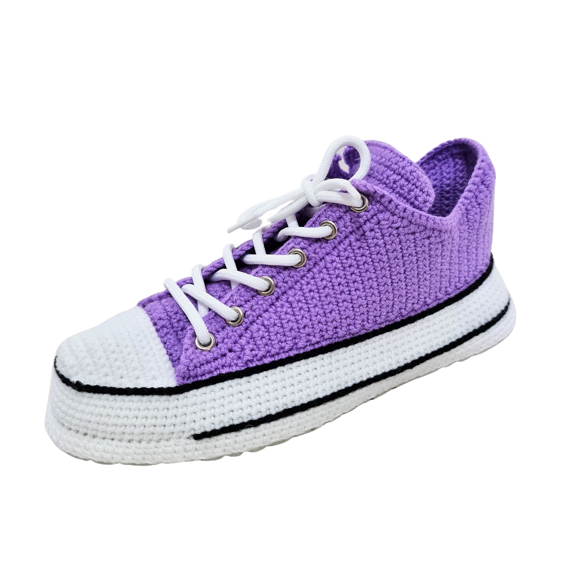 Handmade Crochet Purple Cotton House Shoes That Look Like Sneakers, Low Top Custom Plush Unisex Knit Shoes, Fluffy Cute Cozy Slip On Booties