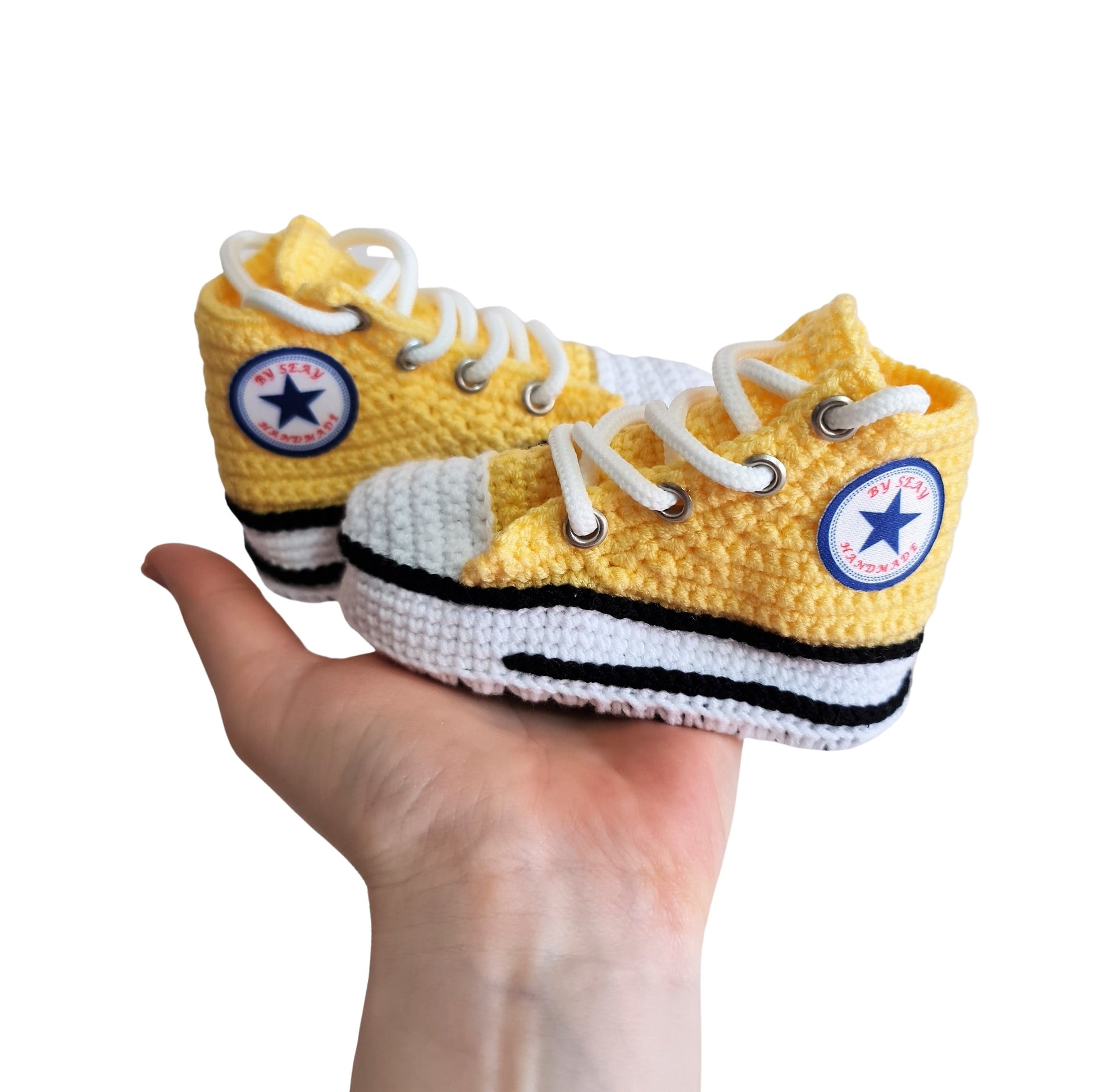 Yellow Booties Canvas Baby Natural Cotton Newborn Socks, Wool Crochet Organic Knit Slippers, Sneakers Style Handmade Toddler Shoes, New Mom