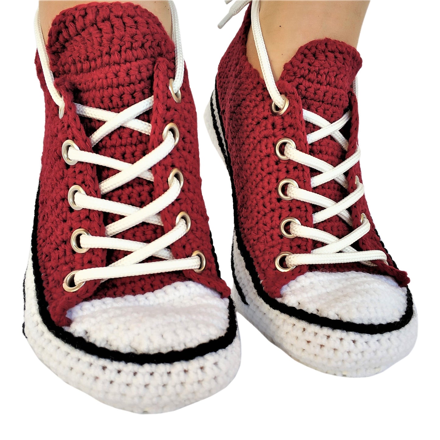 Crochet Handmade Embroidered Converse Low Top Maroon Color Comfortable Home Slippers for Men and Women, Burgundy Converse Custom Slippers