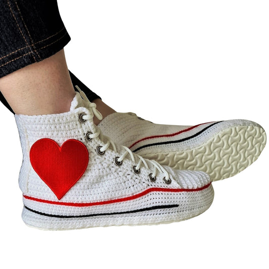 White Converse Embroidery Love Heart Patch High Tops Platform Sneakers Slippers Plush Shoes - Cute Sexy Design Custom House Socks Booties