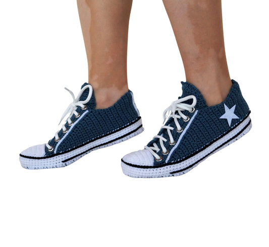 Crochet Knitted Navy Blue Converse Low Top Sneakers Slippers Classic Canvas Home Shoes - Byseay