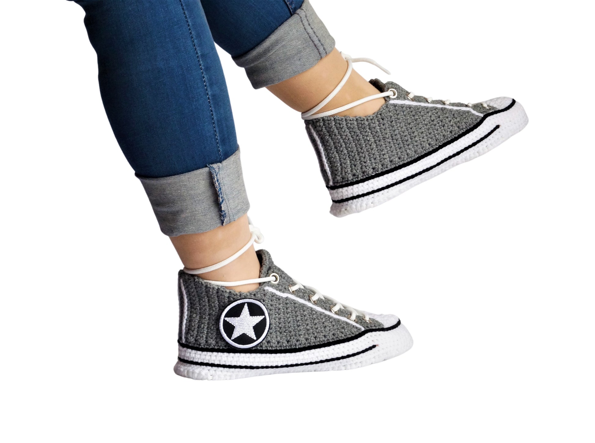 Crochet Converse Seasonal Low Top Classic Grey Slippers Handmade Sneakers Plush Shoes - Byseay