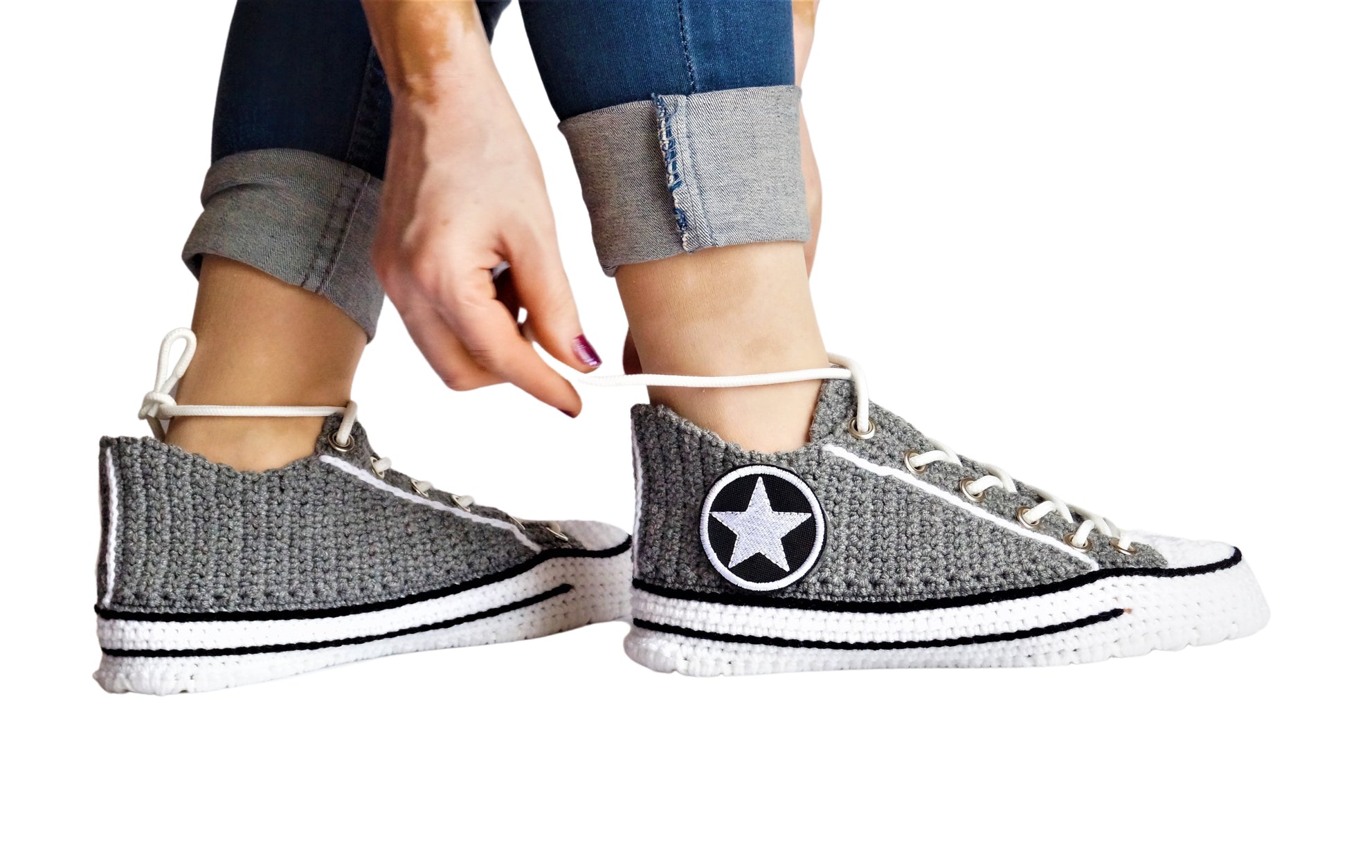 Crochet Converse Seasonal Low Top Classic Grey Slippers Handmade Sneakers Plush Shoes - Byseay