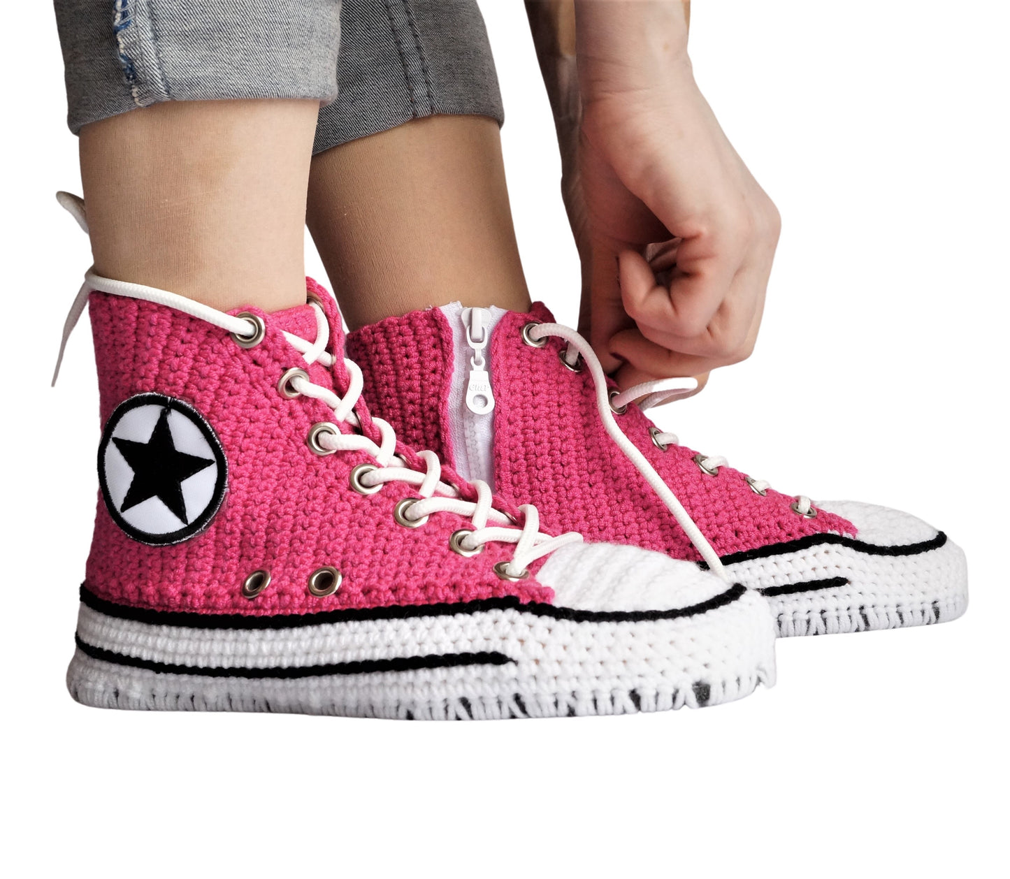 Crochet Converse High Top Fuchsia Glow Slippers, Knitting Converse Dainty Fuchsia Pink Women's Shoes, Slippers for men/women indoor outdoor