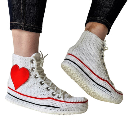 White Converse Embroidery Love Heart Patch High Tops Platform Sneakers Slippers Plush Shoes - Cute Sexy Design Custom House Socks Booties