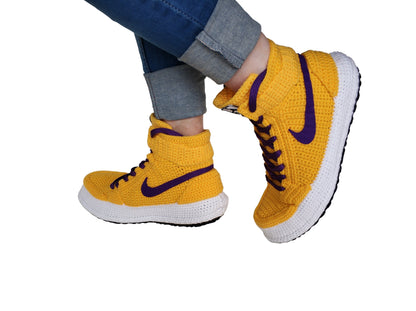 LA Lakers Kobe Bryant Custom Jordan 1 Purple / Yellow Sneakers Handmade Crochet Slippers - Byseay