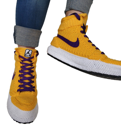 LA Lakers Kobe Bryant Custom Jordan 1 Purple / Yellow Sneakers Handmade Crochet Slippers - Byseay