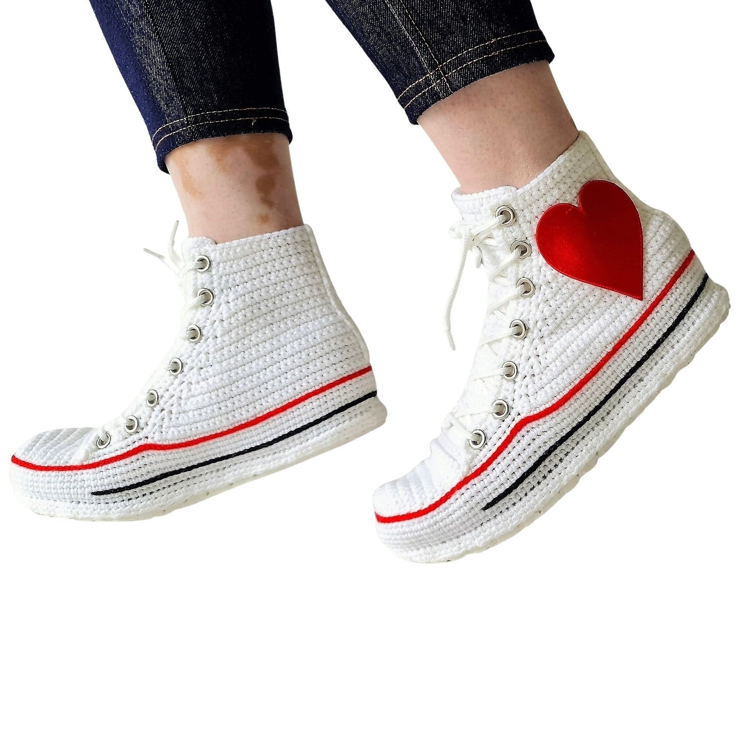 White Converse Embroidery Love Heart Patch High Tops Platform Sneakers Slippers Plush Shoes - Cute Sexy Design Custom House Socks Booties