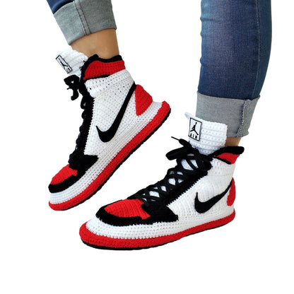 Jordan Bred Toe Retro Sneaker Slippers Plush - Flyknit Banned Goods Jumpman Basketball House Shoes - Knitting Crochet Handmade Booties Socks