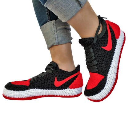 Custom Handmade Crochet Low Top Jordan Slippers Women Men Indoor Soft Warm Comfortable Sneakers - Byseay