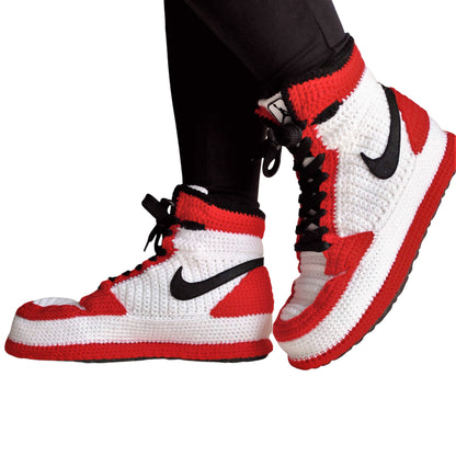 Handmade Air Jordan Bred Toe Sneakers Casual Wool Warm Crochet Home Cotton Knitting Slippers, Air Jordan 1 Flyknit Jumpman Men/Women Shoes