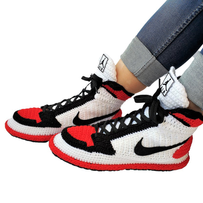 Jordan Bred Toe Retro Sneaker Slippers Plush - Flyknit Banned Goods Jumpman Basketball House Shoes - Knitting Crochet Handmade Booties Socks