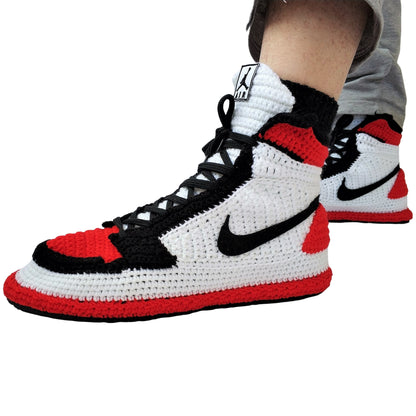 Jordan Bred Toe Retro Sneaker Slippers Plush - Flyknit Banned Goods Jumpman Basketball House Shoes - Knitting Crochet Handmade Booties Socks