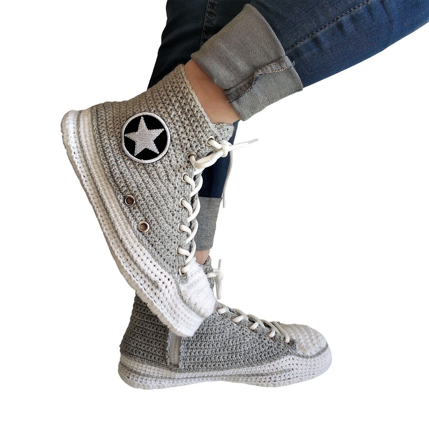 Crochet Grey Men's Converse Slippers, Adult Knitting Converse Shoes, Crochet Grey House Shoes, Knitted High Top Converse, Custom Slippers