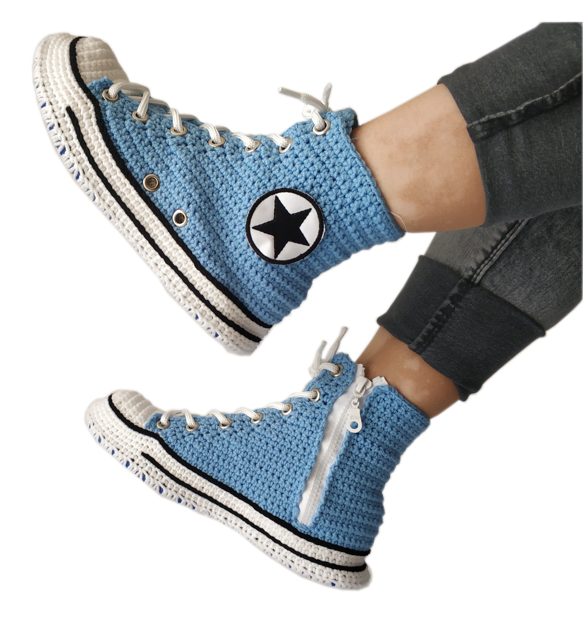 Handmade Crochet Light Blue Unisex Home Indoor  Sneakers Slippers Soft Plush - Byseay