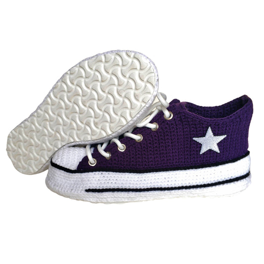 Purple Converse Platform Low Tops Sneakers Plush Slippers - Embroidered Star Patch Custom Handmade House Shoes - Soft Booties Socks Boots - byseay