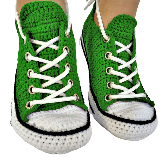 Converse Sneakers Plush Custom Green Slippers - Handmade Crochet House Soft Warm Fuzzy Comfy Cowboy Sock Booties - Comfortable Slip-On Shoes