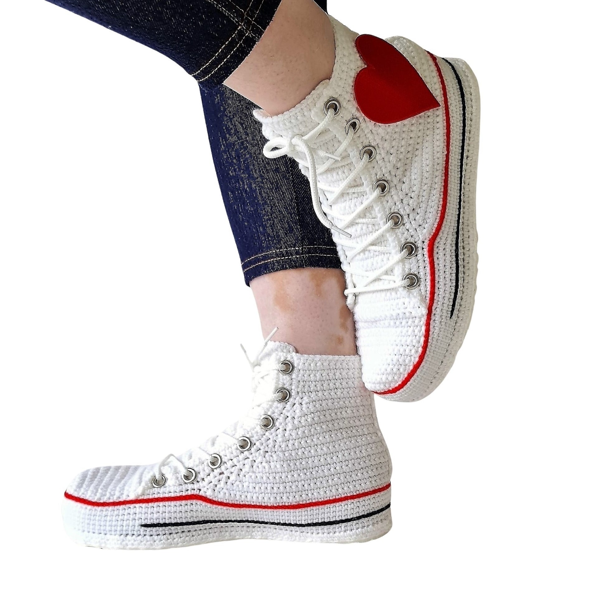 White Converse Embroidery Love Heart Patch High Tops Platform Sneakers Slippers Plush Shoes - Cute Sexy Design Custom House Socks Booties