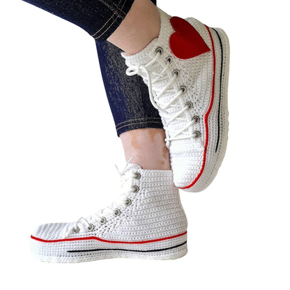 White Converse Embroidery Love Heart Patch High Tops Platform Sneakers Slippers Plush Shoes - Cute Sexy Design Custom House Socks Booties