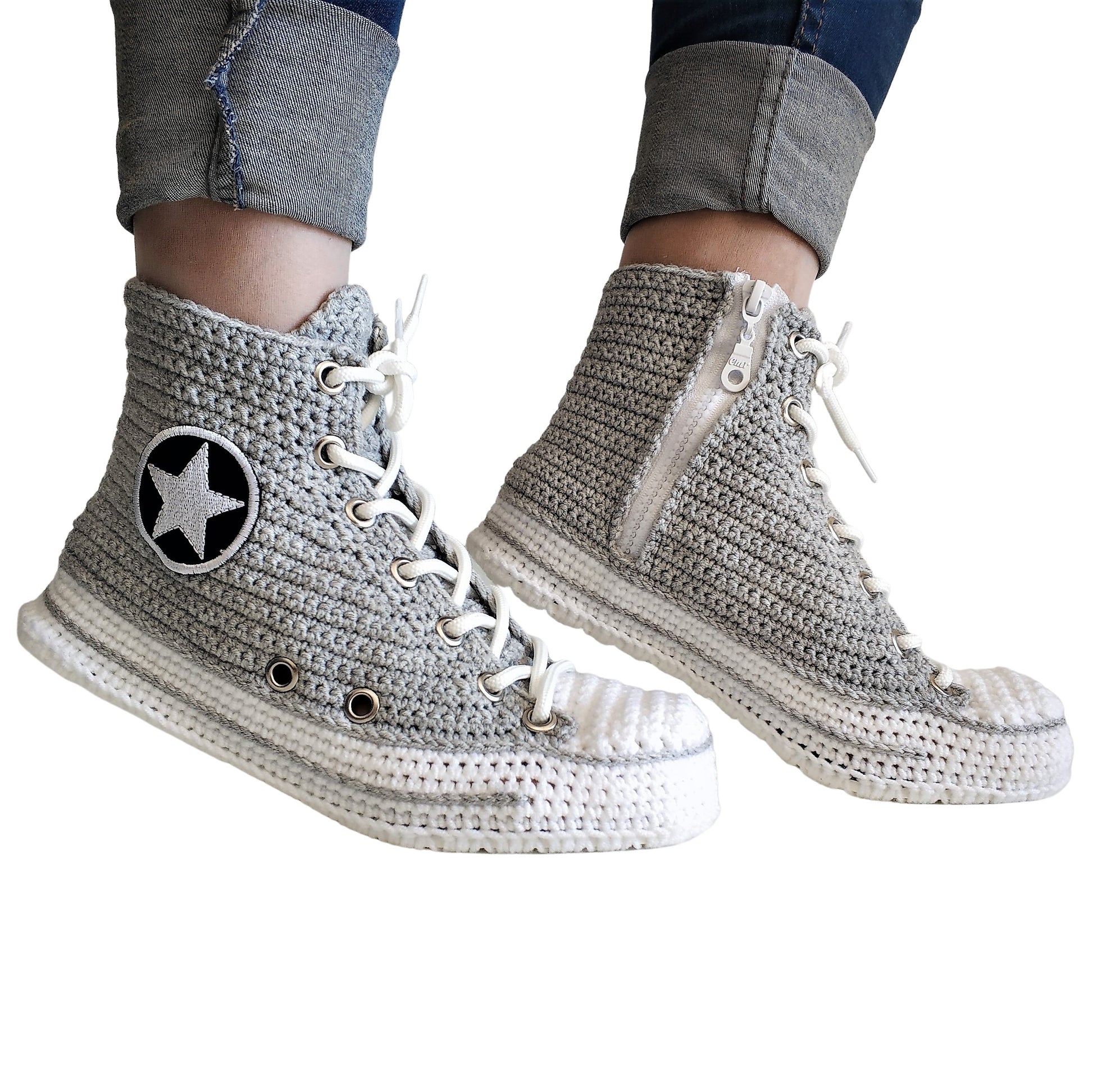 Converse Crochet Grey Men Sneakers Plush Slippers - High Top Custom House Soft Shoes - Byseay