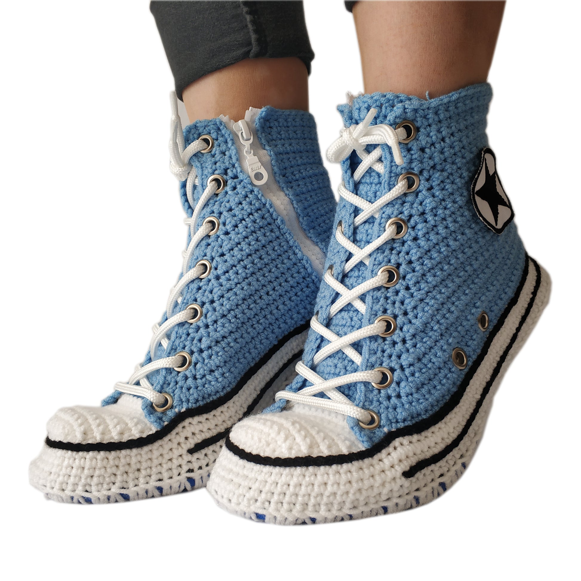 Handmade Crochet Light Blue Unisex Home Indoor  Sneakers Slippers Soft Plush - Byseay