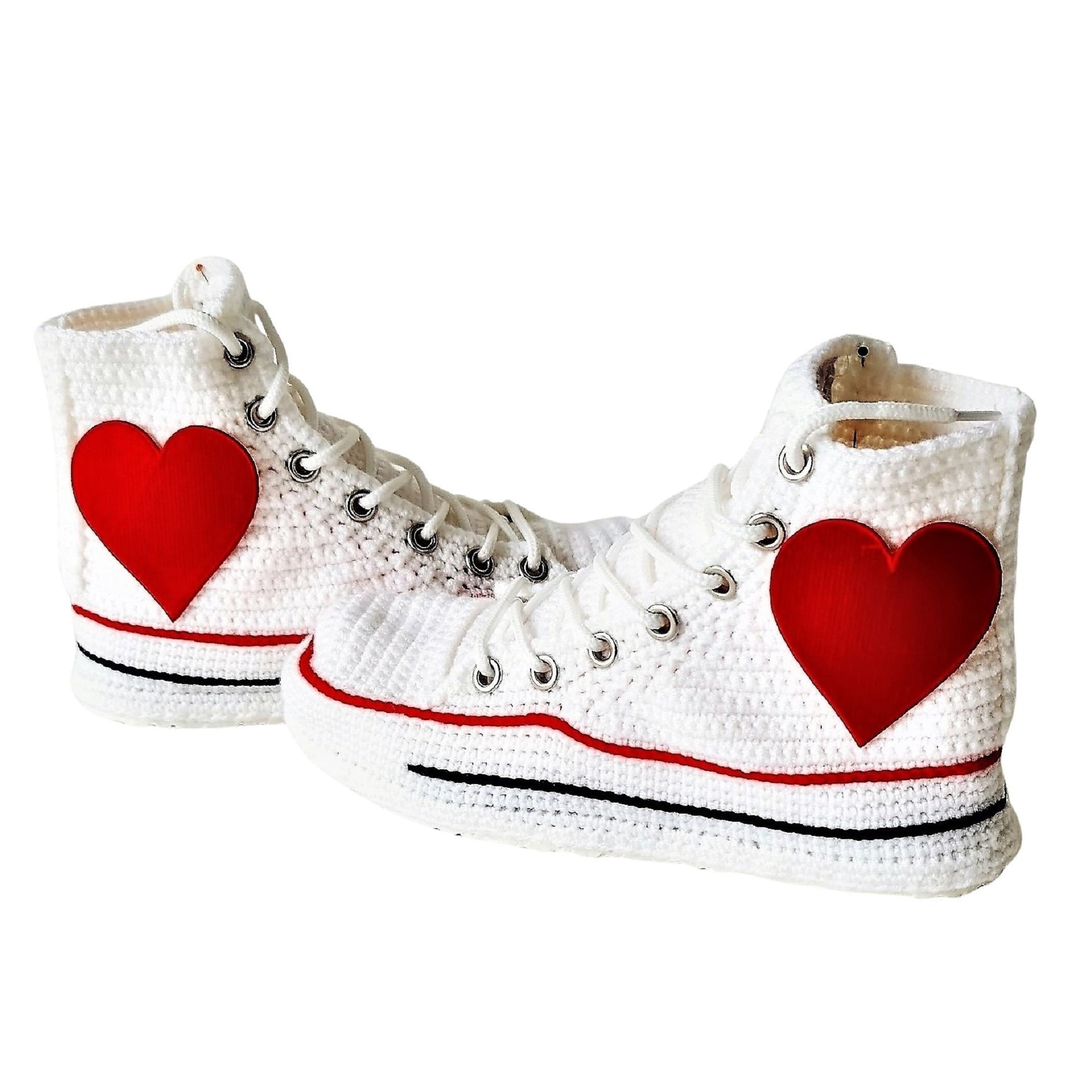 White Converse Embroidery Love Heart Patch High Tops Platform Sneakers Slippers Plush Shoes - Cute Sexy Design Custom House Socks Booties