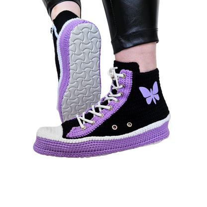 Crochet Knit Handmade Converse-like Women's Indoor Slippers Purple Butterfly Patch - Custom Sneakers Multi-colored Embroidered Plush Shoes