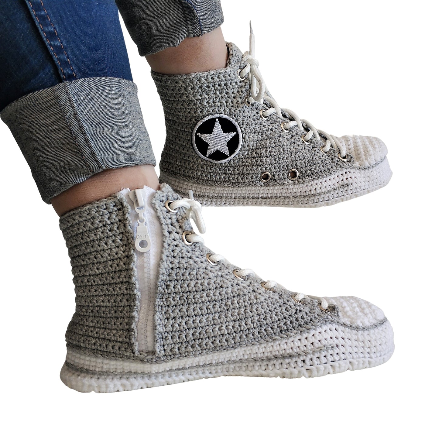 Converse Crochet Grey Men Sneakers Plush Slippers - High Top Custom House Soft Shoes - Byseay