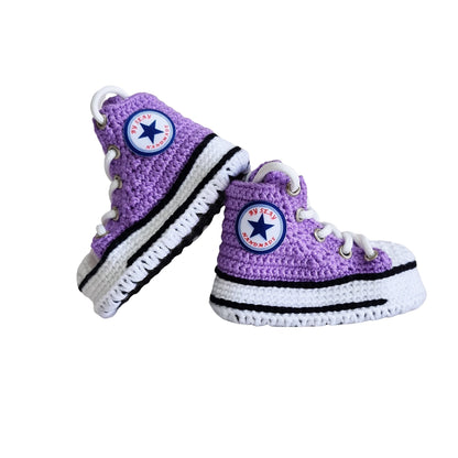 Purple Baby Canvas Booties Handmade Crochet Sneakers Slippers, Newborn Knitted Warm Winter Cute House Shoes, Cotton Sneaker Style Kids Socks