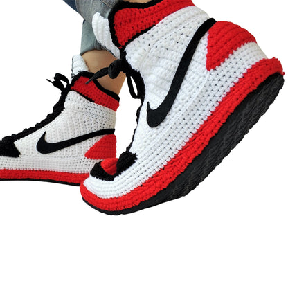 Jordan Bred Toe Retro Sneaker Slippers Plush - Flyknit Banned Goods Jumpman Basketball House Shoes - Knitting Crochet Handmade Booties Socks