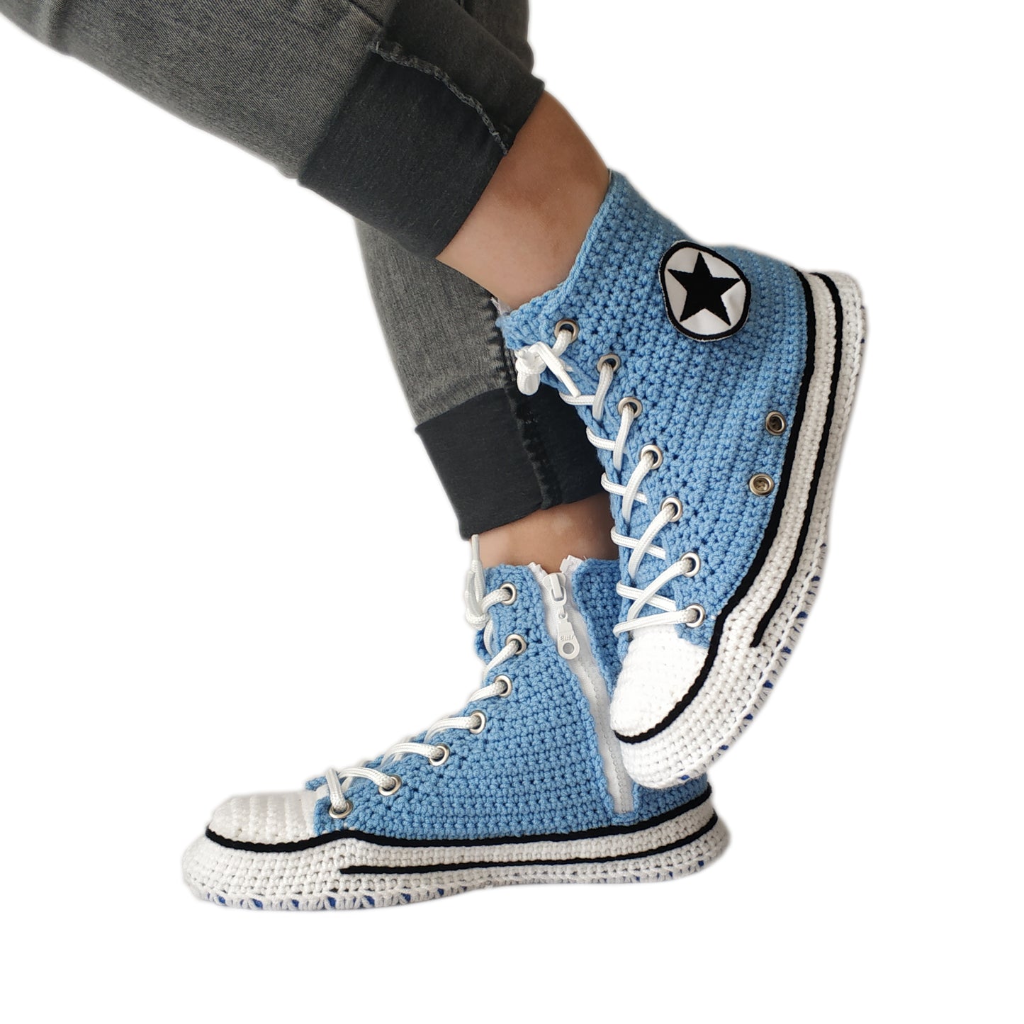 Handmade Crochet Light Blue Unisex Home Indoor  Sneakers Slippers Soft Plush - Byseay