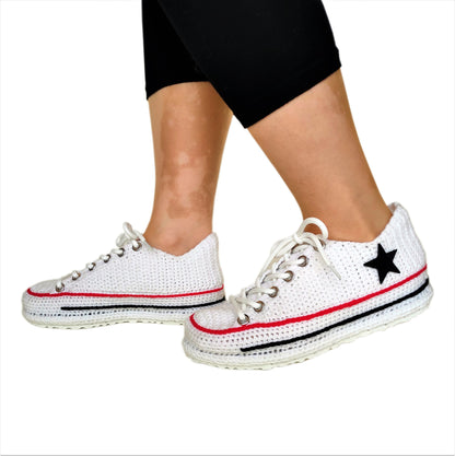 Converse Style White Handmade Plush Slippers Canvas House Sneakers - Byseay