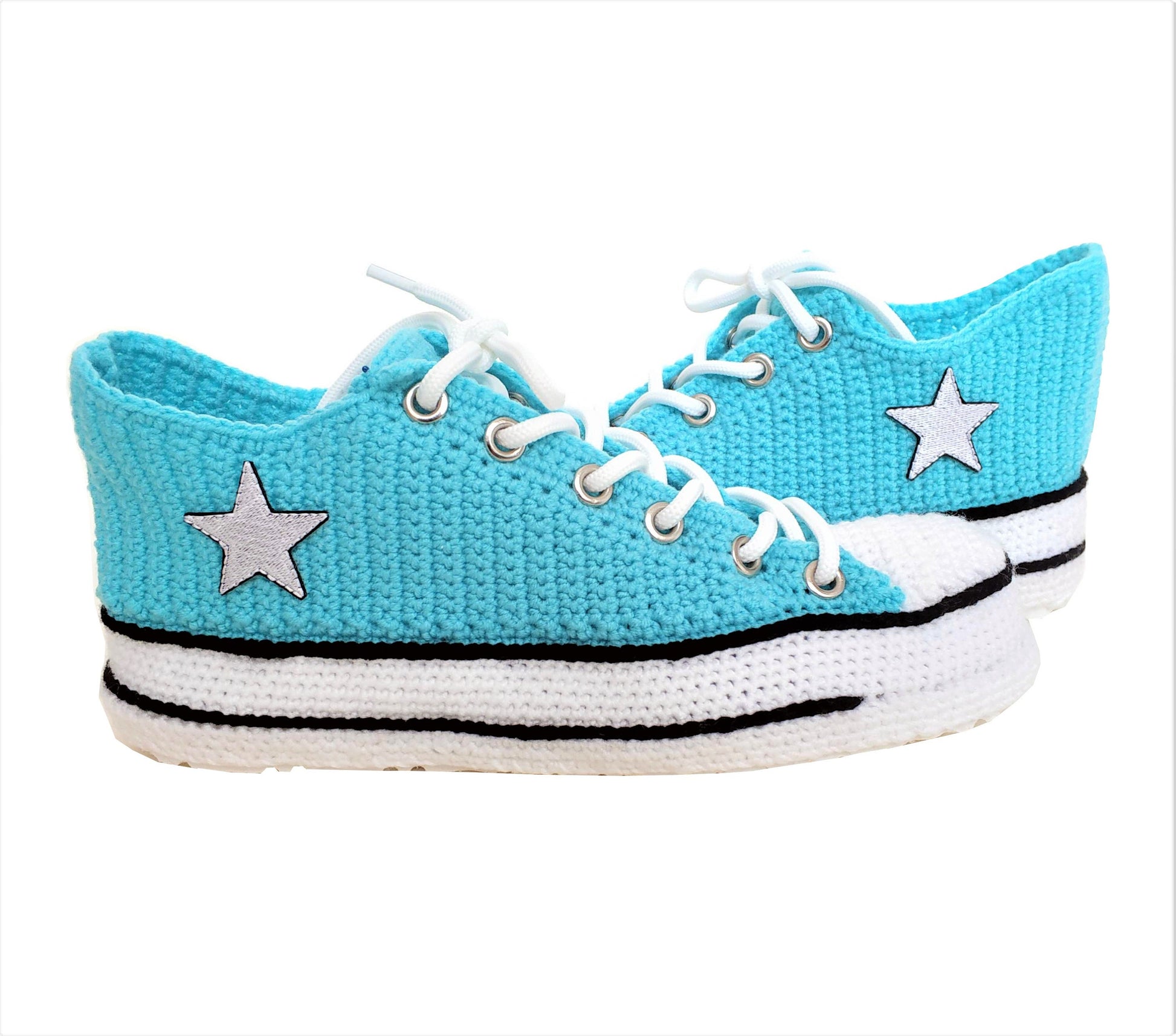 Turquoise Converse Handmade Crochet Home Slippers Plush - Breathable Non-Slip Sole Sneakers Indoor Shoes - Byseay