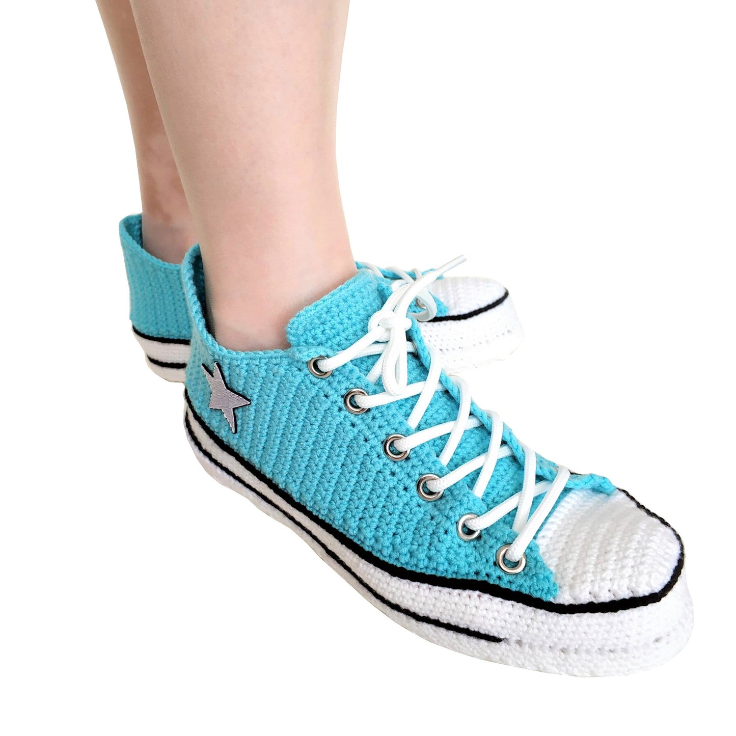 Converse Style Handmade Crochet Knitted Turquoise Home Slippers, Light Blue Women/Men Canvas Soft Breathable Summer Non-Slip Sole Slippers