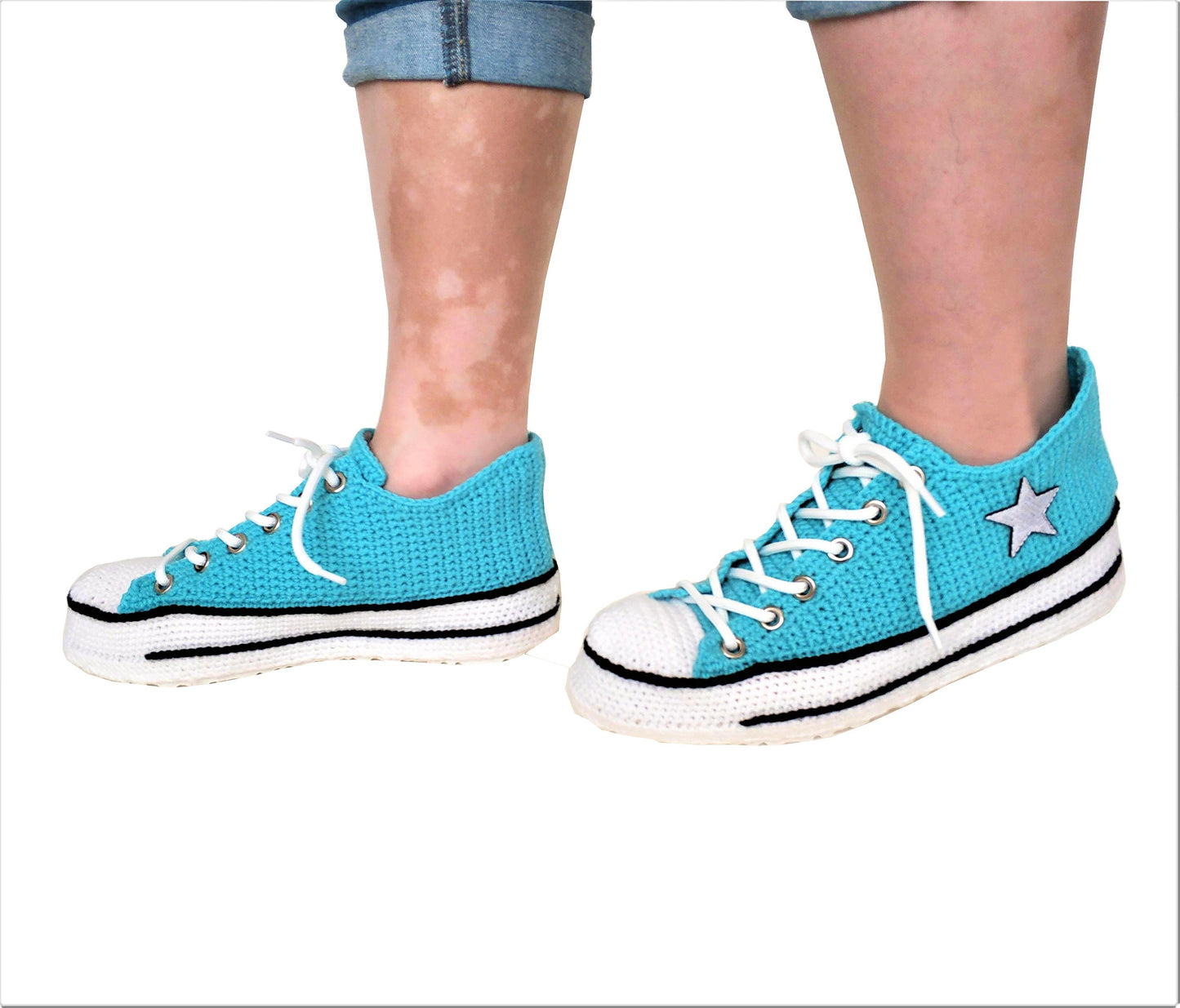 Turquoise Converse Handmade Crochet Home Slippers Plush - Breathable Non-Slip Sole Sneakers Indoor Shoes - Byseay