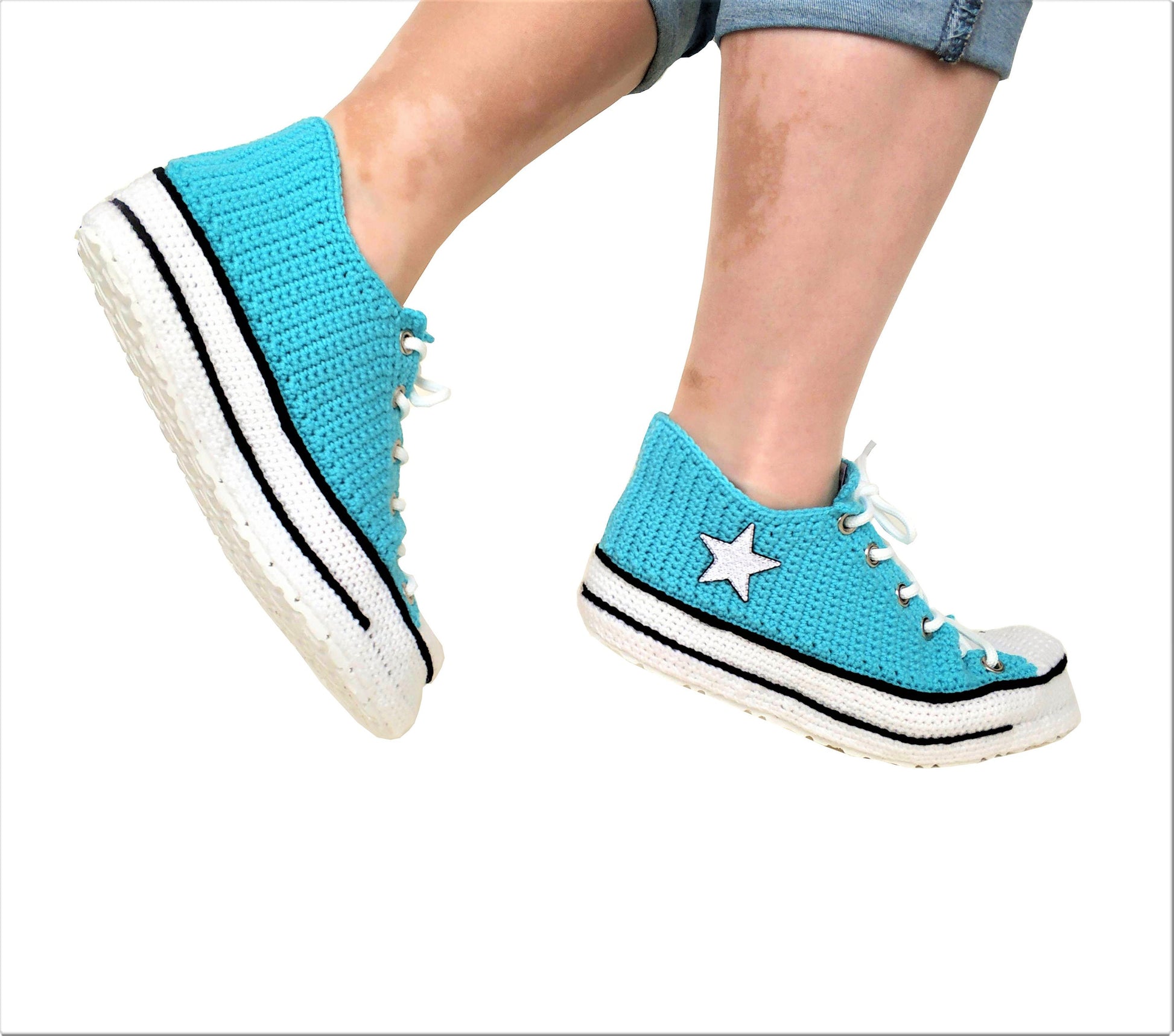 Turquoise Converse Handmade Crochet Home Slippers Plush - Breathable Non-Slip Sole Sneakers Indoor Shoes - Byseay