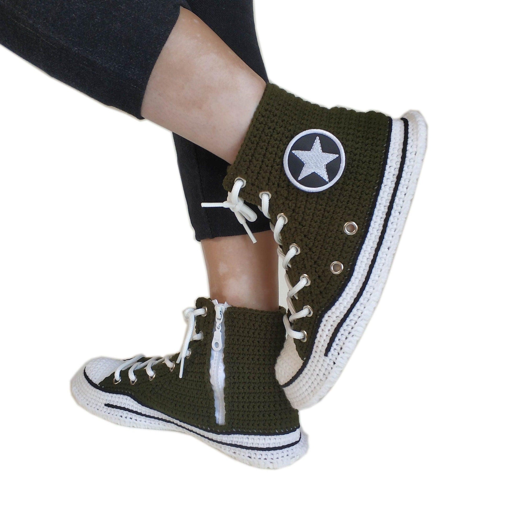 Army Green Military Canvas High Top Sneakers Slippers - Custom Handmade House Plush Shoes - Byseay