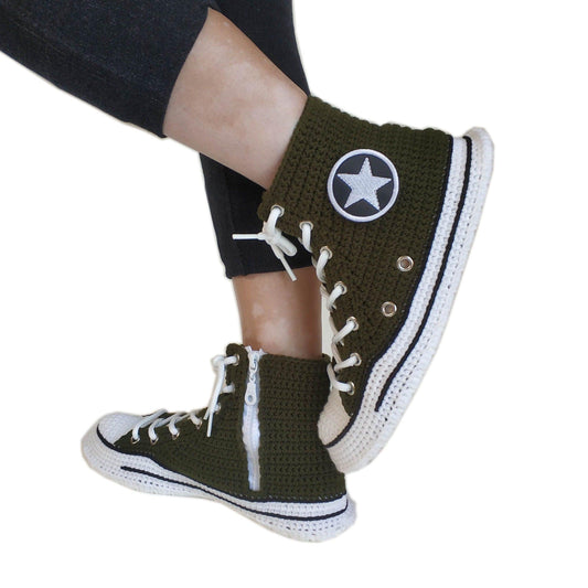 Army Green Military Canvas High Top Sneakers Slippers - Custom Handmade House Plush Shoes - Byseay