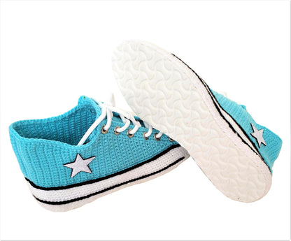 Turquoise Converse Handmade Crochet Home Slippers Plush - Breathable Non-Slip Sole Sneakers Indoor Shoes - Byseay