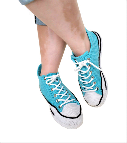 Turquoise Converse Handmade Crochet Home Slippers Plush - Breathable Non-Slip Sole Sneakers Indoor Shoes - Byseay